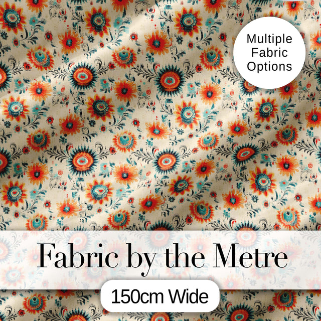 Playful Orange Blue Folk Floral Seamless Pattern Scandinavian Style Design Digital Print Fabric by the Metre UK Sewing Quilting Textile