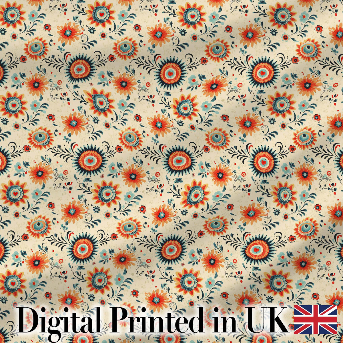 Playful Orange Blue Folk Floral Seamless Pattern Scandinavian Style Design Digital Print Fabric by the Metre UK Sewing Quilting Textile