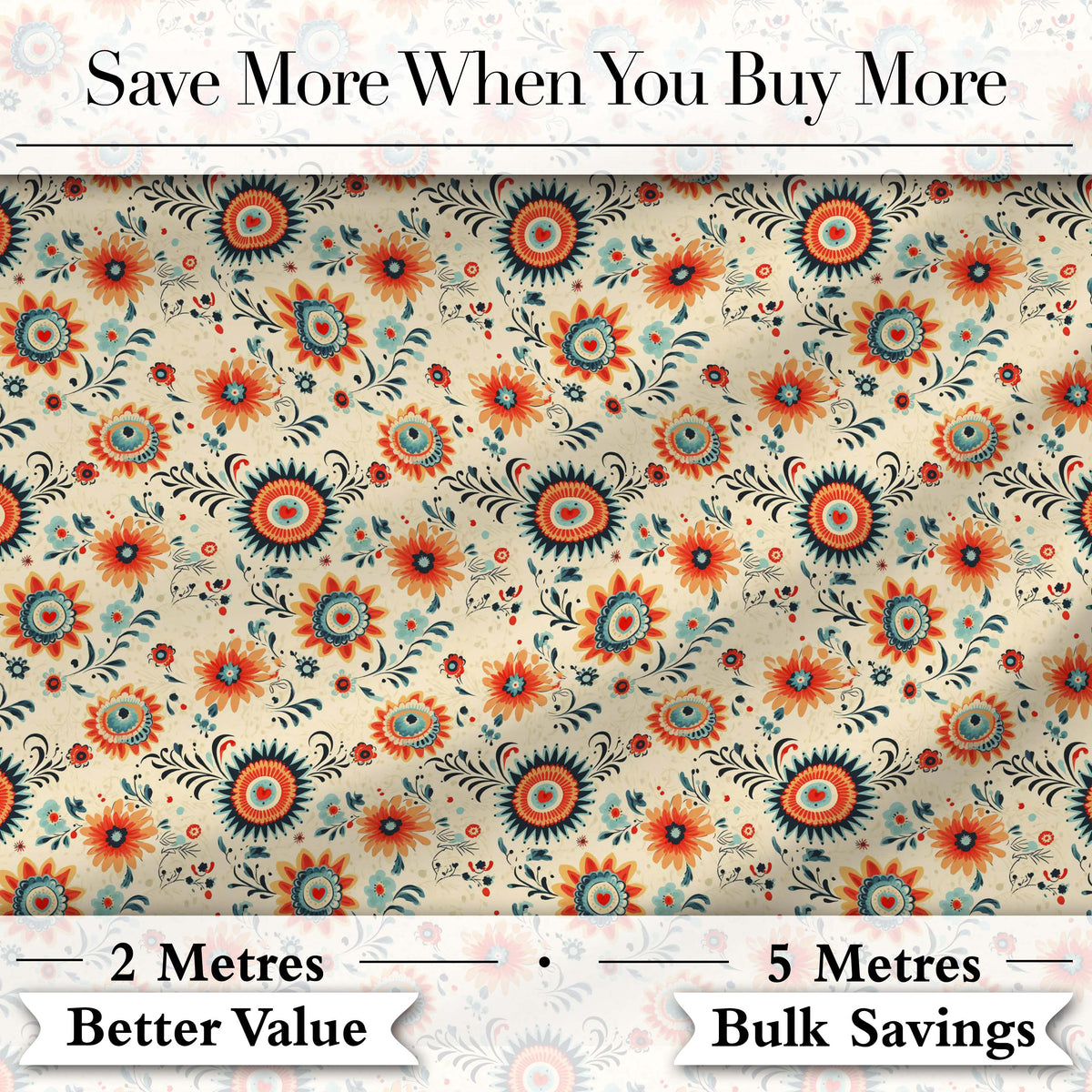 Playful Orange Blue Folk Floral Seamless Pattern Scandinavian Style Design Digital Print Fabric by the Metre UK Sewing Quilting Textile