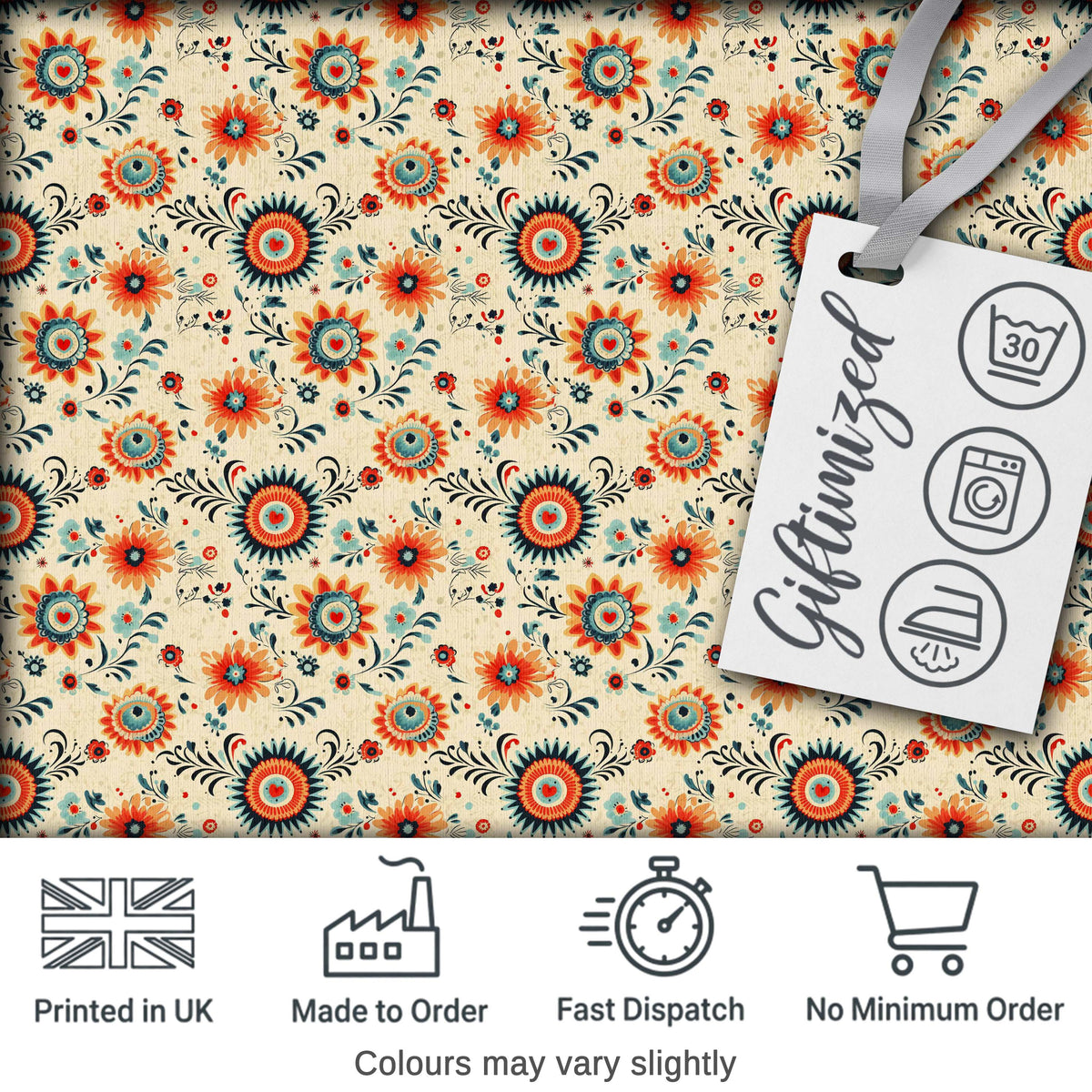Playful Orange Blue Folk Floral Seamless Pattern Scandinavian Style Design Digital Print Fabric by the Metre UK Sewing Quilting Textile