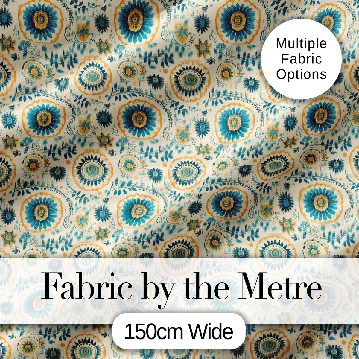 Teal Gold Ornate Floral Medallion Seamless Pattern Elegant Vintage Style Digital Print Fabric by the Metre UK Sewing Quilting Textile