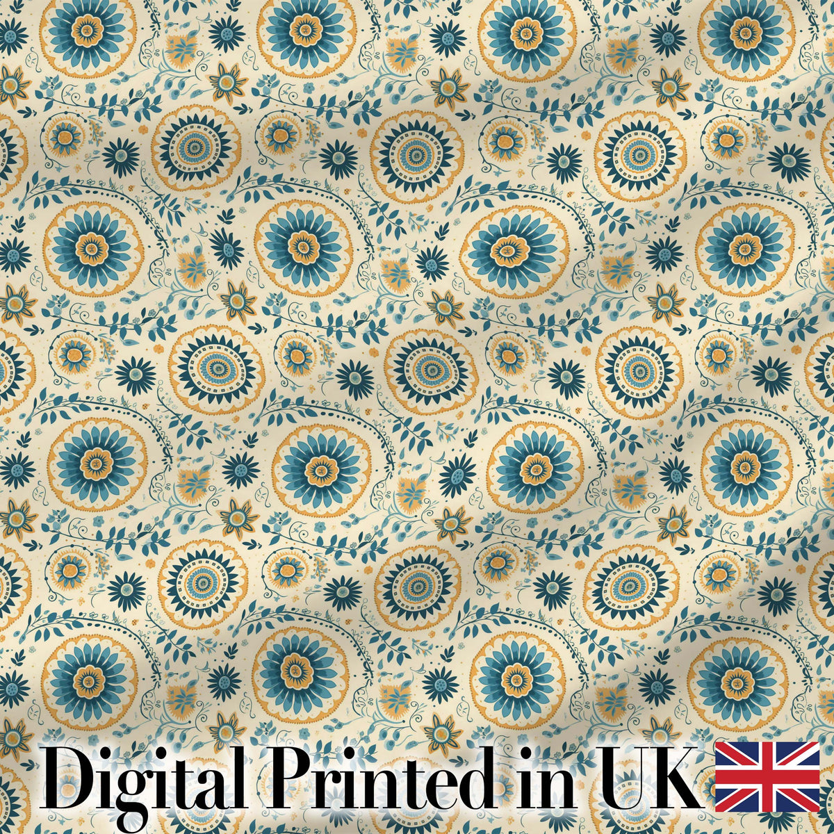 Teal Gold Ornate Floral Medallion Seamless Pattern Elegant Vintage Style Digital Print Fabric by the Metre UK Sewing Quilting Textile