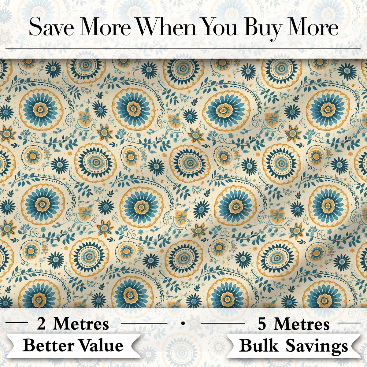 Teal Gold Ornate Floral Medallion Seamless Pattern Elegant Vintage Style Digital Print Fabric by the Metre UK Sewing Quilting Textile