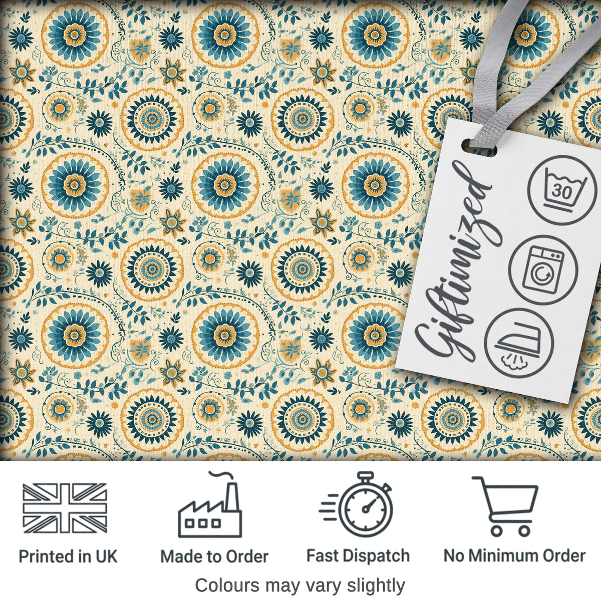 Teal Gold Ornate Floral Medallion Seamless Pattern Elegant Vintage Style Digital Print Fabric by the Metre UK Sewing Quilting Textile