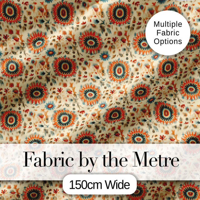 Bold Orange Teal Floral Medallion Seamless Pattern Folk Art Style Design Digital Print Fabric by the Metre UK Sewing Quilting Textile