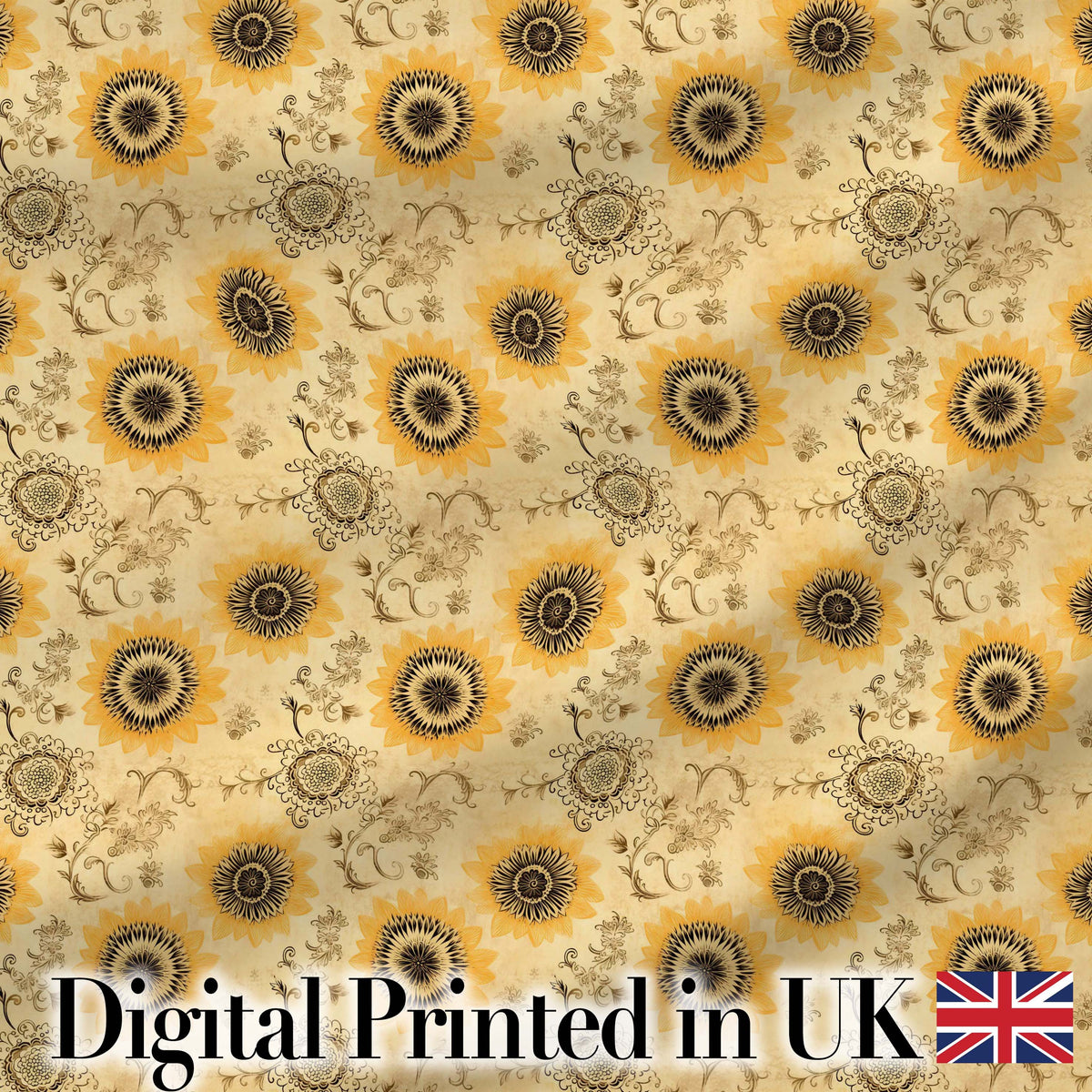 Vintage Mustard Black Floral Sunburst Seamless Pattern Classic  Design Digital Print Fabric by the Metre UK Sewing Quilting Textile