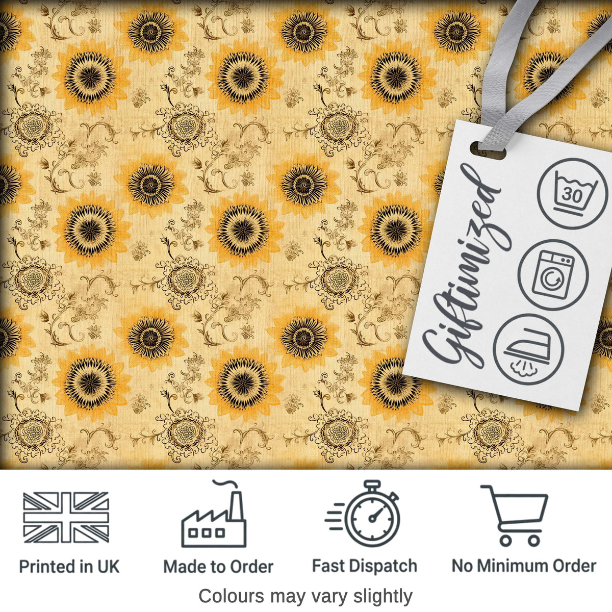 Vintage Mustard Black Floral Sunburst Seamless Pattern Classic  Design Digital Print Fabric by the Metre UK Sewing Quilting Textile