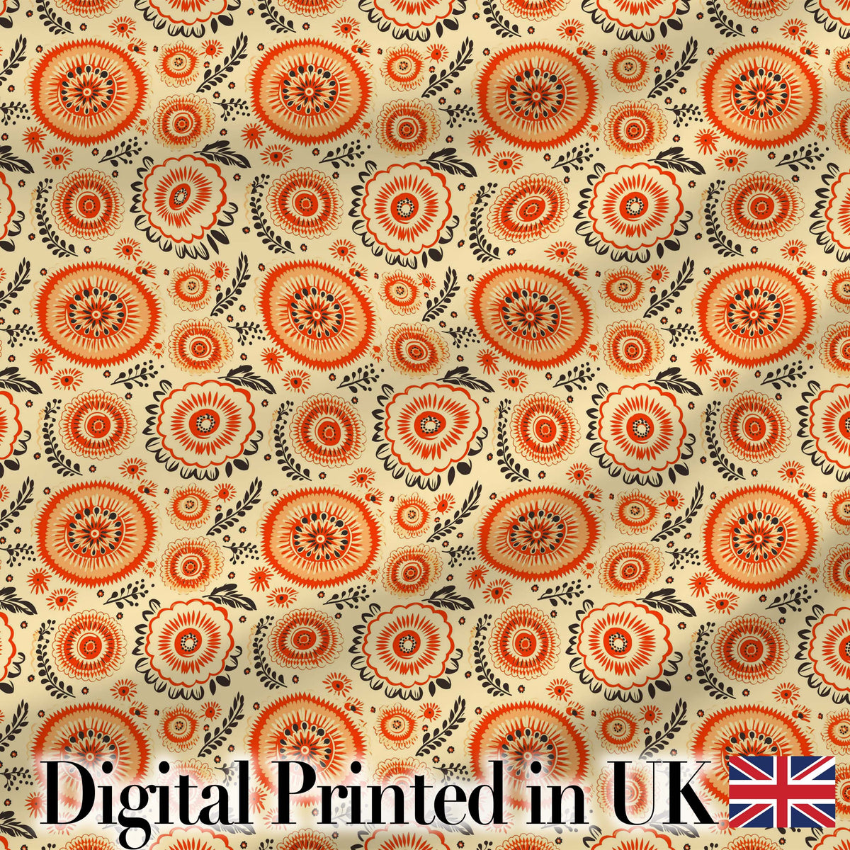 Bright Orange Floral Circular Motif Seamless Pattern  Decorative Style Digital Print Fabric by the Metre UK Sewing Quilting Textile