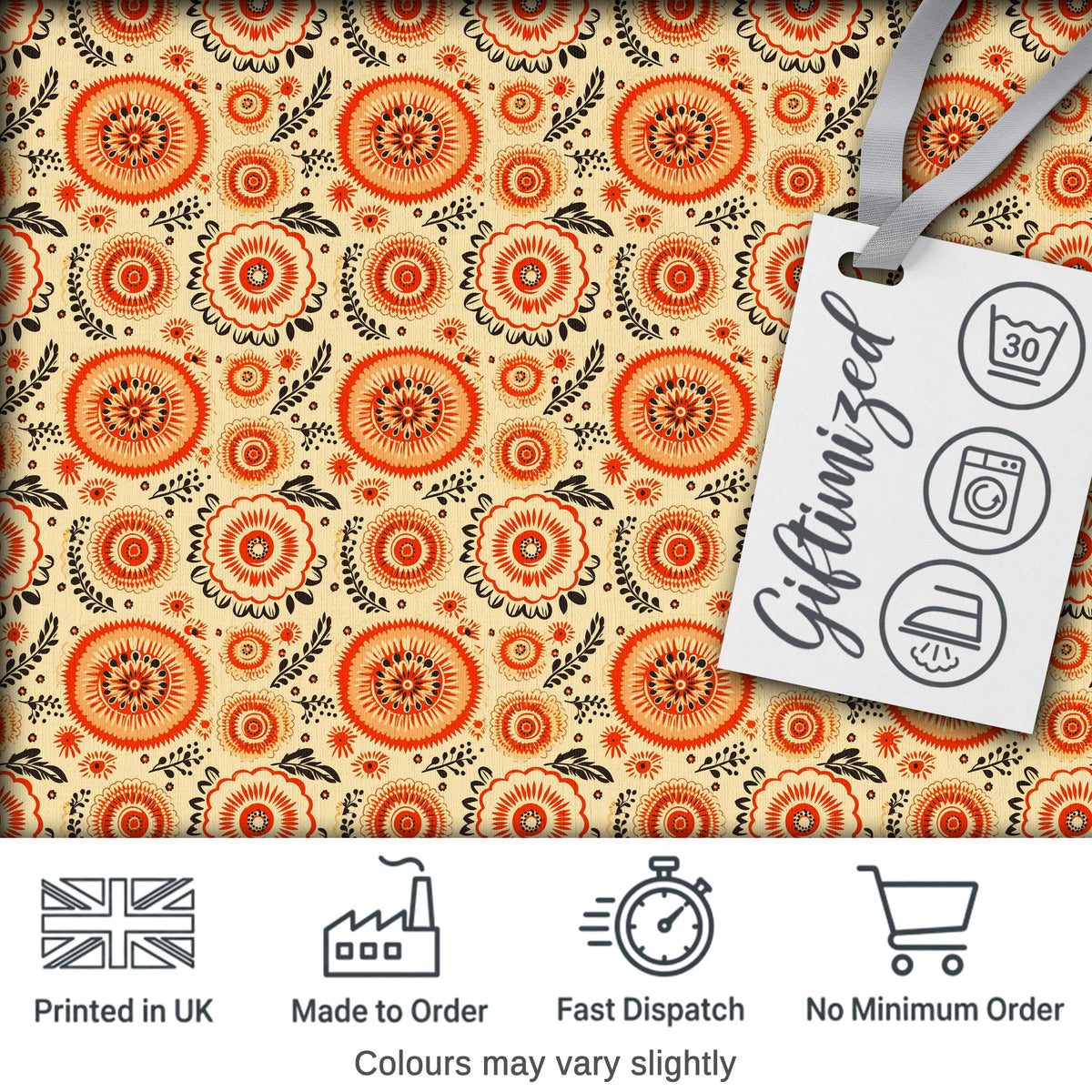 Bright Orange Floral Circular Motif Seamless Pattern  Decorative Style Digital Print Fabric by the Metre UK Sewing Quilting Textile