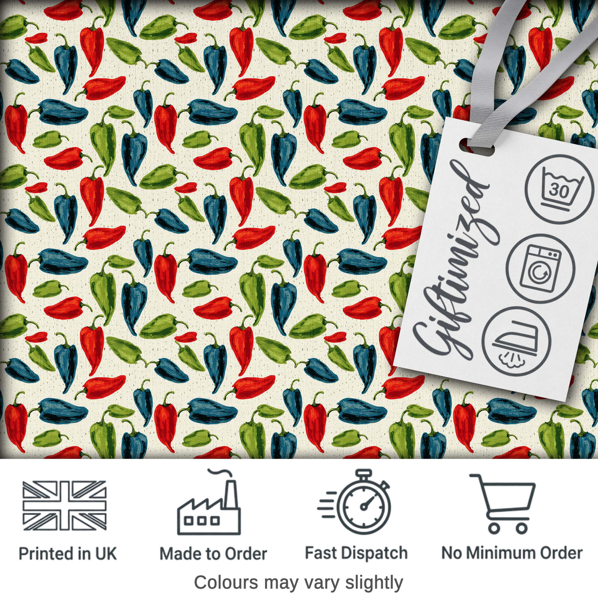Hand Painted Pepper Seamless Pattern Red Blue Green Vegetable Print Digital Print Fabric by the Metre UK Sewing Quilting Textile