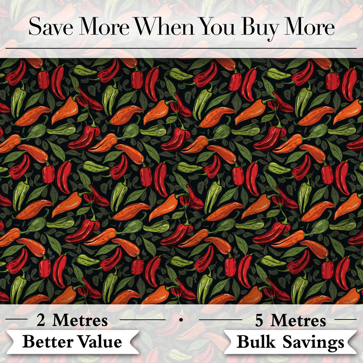 Mixed Chili Peppers and Leaves Dark Seamless Pattern Design Digital Print Fabric by the Metre UK Sewing Quilting Textile
