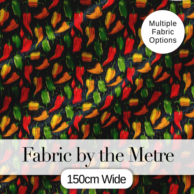 Colorful and Chili Peppers Seamless Pattern Dark Background Digital Print Fabric by the Metre UK Sewing Quilting Textile