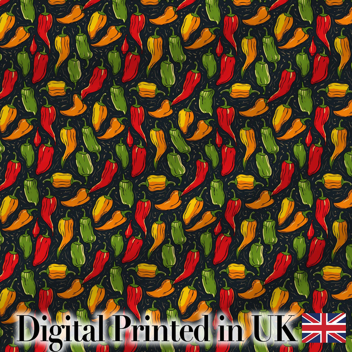 Colorful and Chili Peppers Seamless Pattern Dark Background Digital Print Fabric by the Metre UK Sewing Quilting Textile