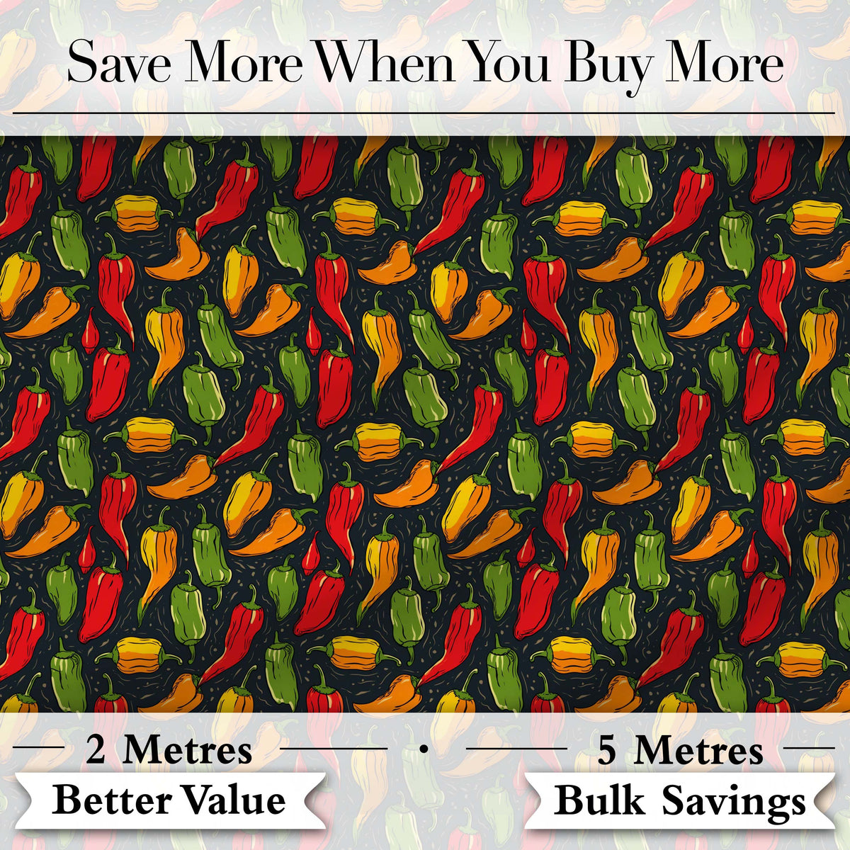 Colorful and Chili Peppers Seamless Pattern Dark Background Digital Print Fabric by the Metre UK Sewing Quilting Textile