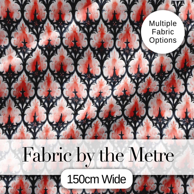 Gothic Black Pink Ornate Floral Seamless Pattern Vintage Style Digital Print Fabric by the Metre UK Sewing Quilting Textile