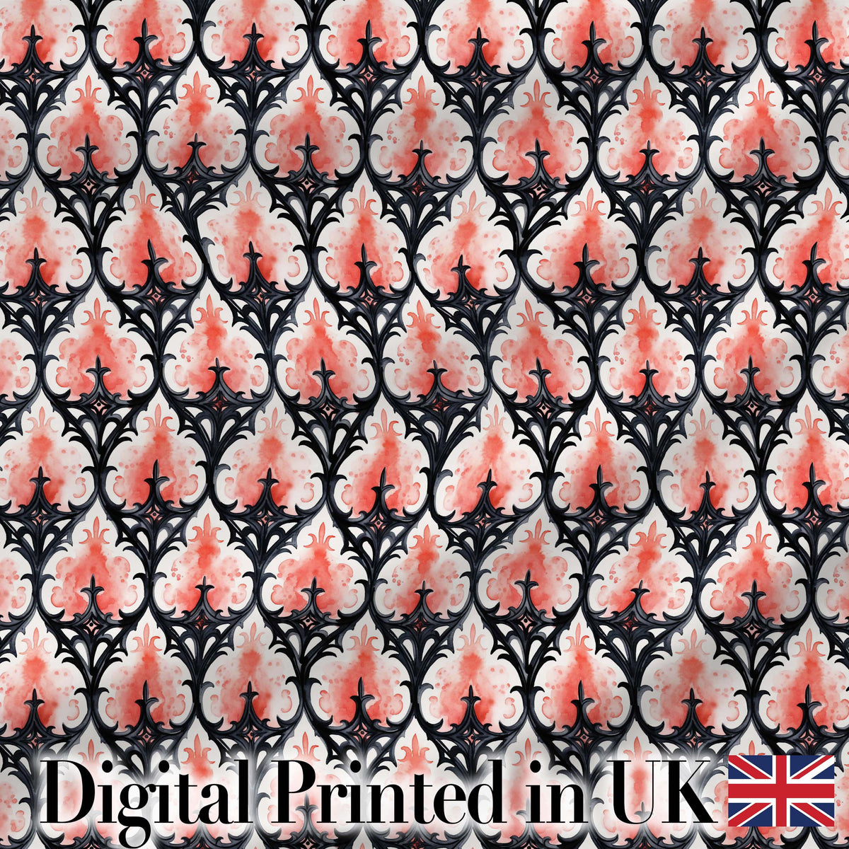Gothic Black Pink Ornate Floral Seamless Pattern Vintage Style Digital Print Fabric by the Metre UK Sewing Quilting Textile