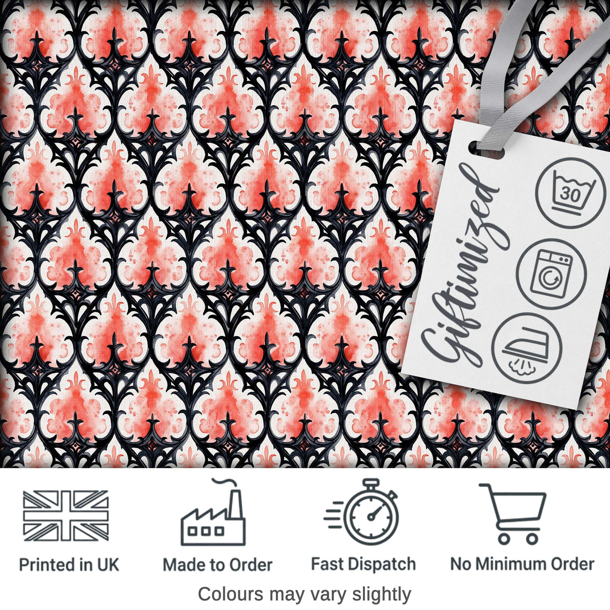 Gothic Black Pink Ornate Floral Seamless Pattern Vintage Style Digital Print Fabric by the Metre UK Sewing Quilting Textile