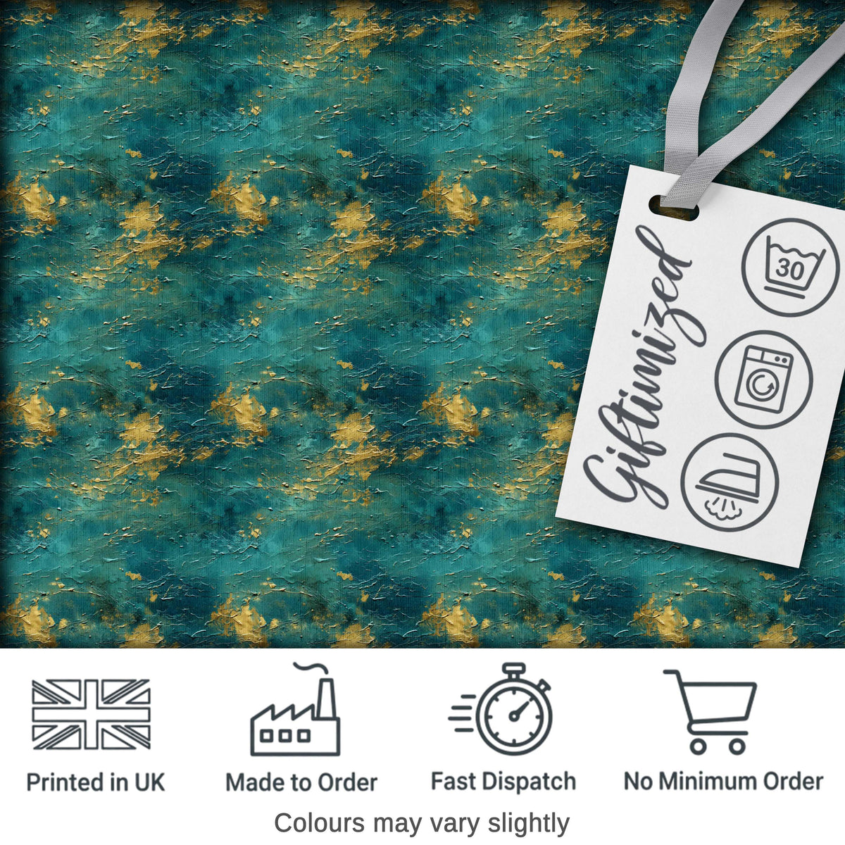 Teal Gold Abstract Texture Seamless Pattern Luxury Artistic Background Digital Print Fabric by the Metre UK Sewing Quilting Textile