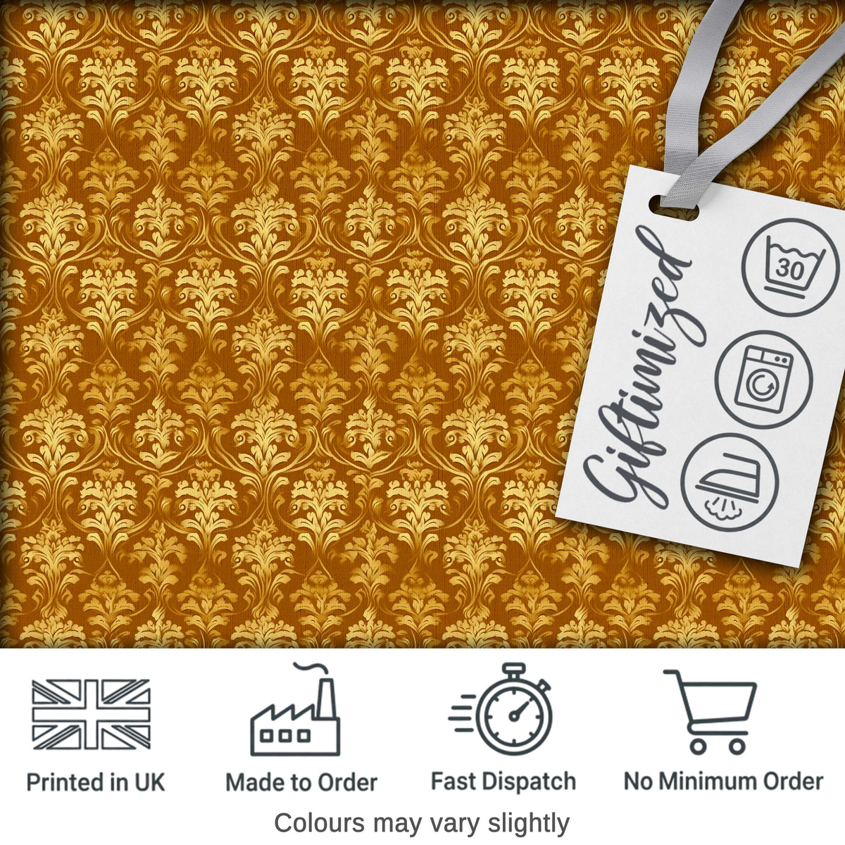 Golden Ornate Damask Seamless Pattern Luxury Vintage Floral Design Digital Print Fabric by the Metre UK Sewing Quilting Textile