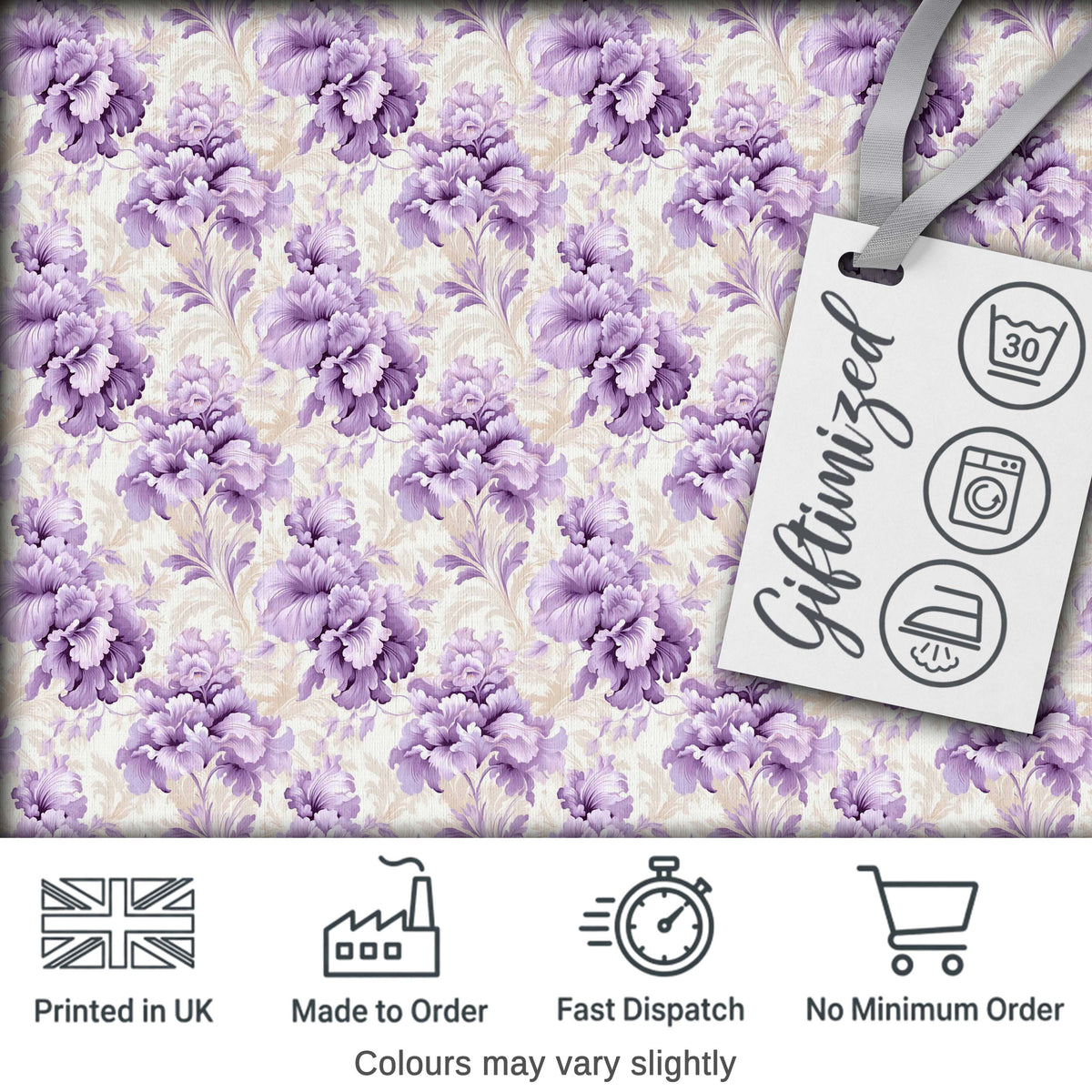 Elegant Lavender Peony Floral Seamless Pattern Soft Vintage Botanical Design Digital Print Fabric by the Metre UK Sewing Quilting Textile