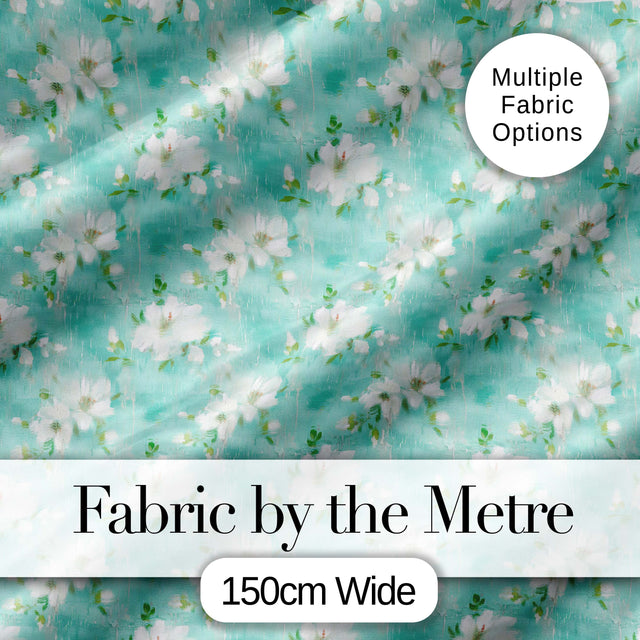 Teal White Blossom Floral Seamless Pattern Soft Textured Botanical Design Digital Print Fabric by the Metre UK Sewing Quilting Textile