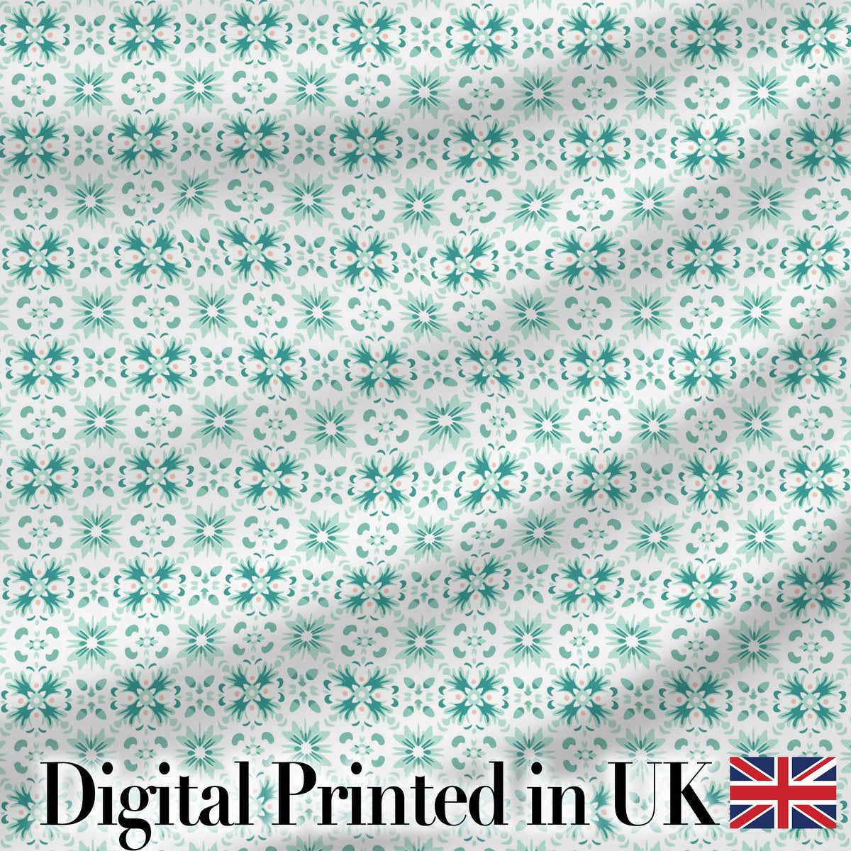 Teal Geometric Floral Seamless Pattern Decorative Symmetric Tile Design Digital Print Fabric by the Metre UK Sewing Quilting Textile