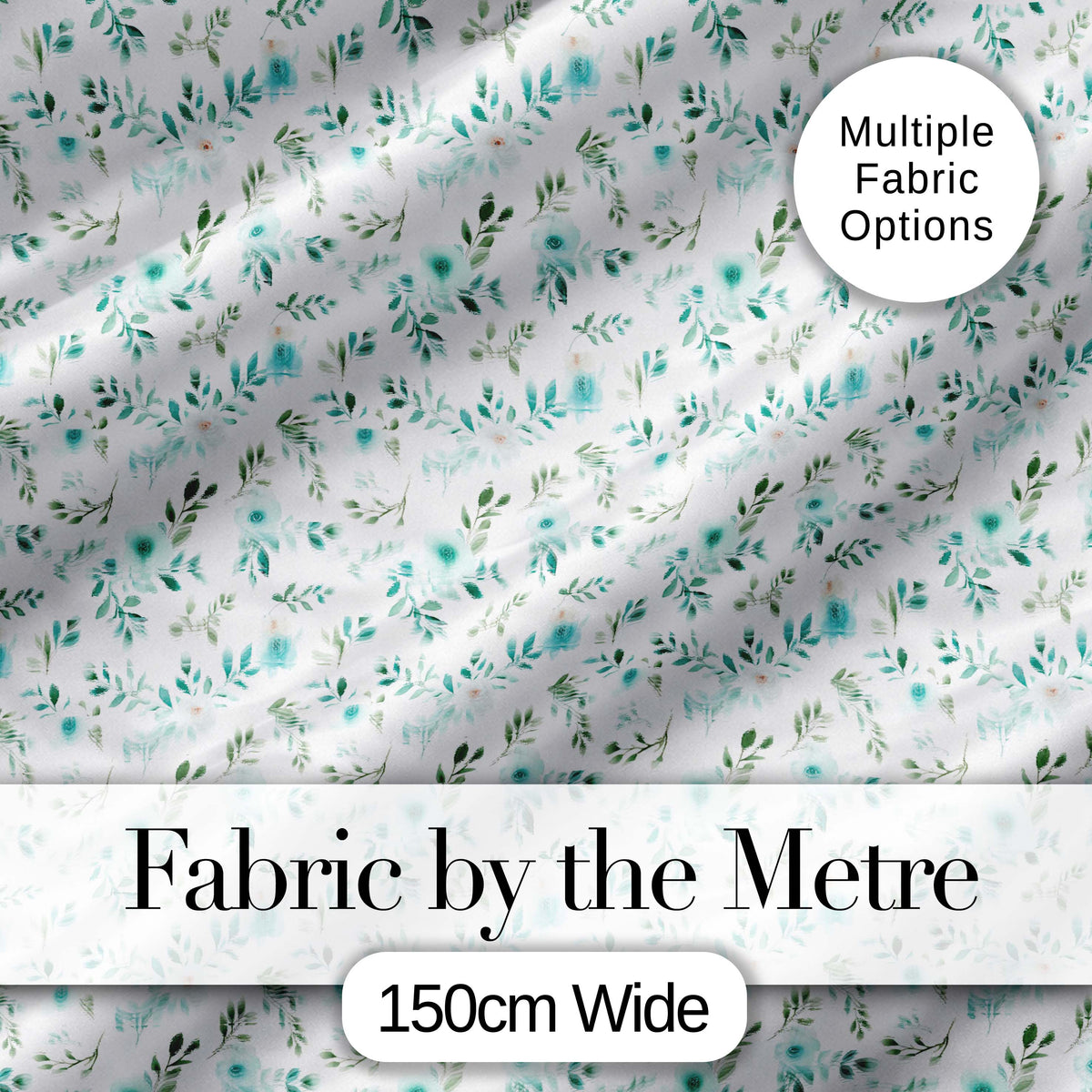 Teal Watercolor Floral Leaves Seamless Pattern Soft Botanical Elegant Design Digital Print Fabric by the Metre UK Sewing Quilting Textile