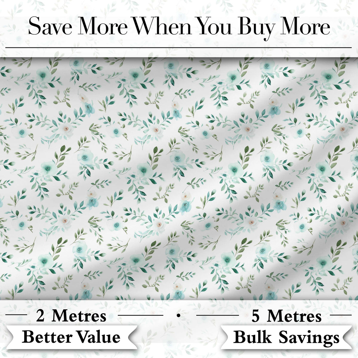 Teal Watercolor Floral Leaves Seamless Pattern Soft Botanical Elegant Design Digital Print Fabric by the Metre UK Sewing Quilting Textile