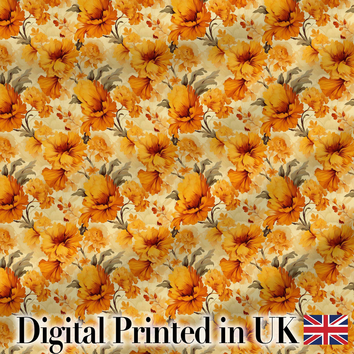 Golden Orange Floral Blossom Seamless Pattern Bold Botanical Vintage Design Digital Print Fabric by the Metre UK Sewing Quilting Textile