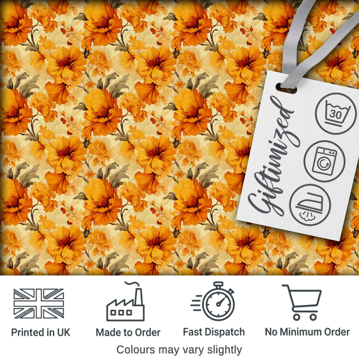 Golden Orange Floral Blossom Seamless Pattern Bold Botanical Vintage Design Digital Print Fabric by the Metre UK Sewing Quilting Textile