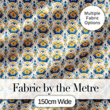 Blue Yellow Ornamental Floral Tile Seamless Pattern Vintage Ceramic Style Digital Print Fabric by the Metre UK Sewing Quilting Textile