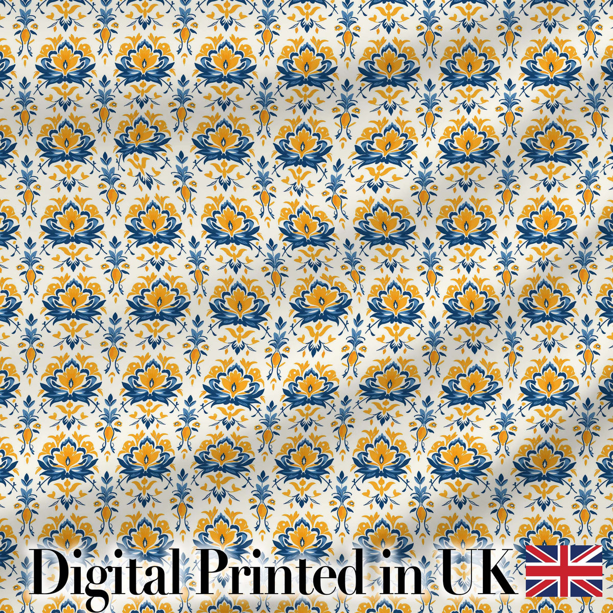 Blue Yellow Ornamental Floral Tile Seamless Pattern Vintage Ceramic Style Digital Print Fabric by the Metre UK Sewing Quilting Textile