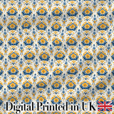 Blue Yellow Ornamental Floral Tile Seamless Pattern Vintage Ceramic Style Digital Print Fabric by the Metre UK Sewing Quilting Textile