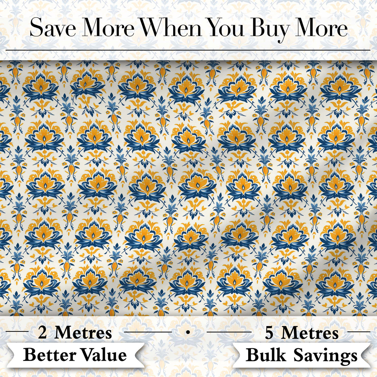 Blue Yellow Ornamental Floral Tile Seamless Pattern Vintage Ceramic Style Digital Print Fabric by the Metre UK Sewing Quilting Textile