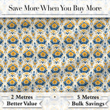 Blue Yellow Ornamental Floral Tile Seamless Pattern Vintage Ceramic Style Digital Print Fabric by the Metre UK Sewing Quilting Textile