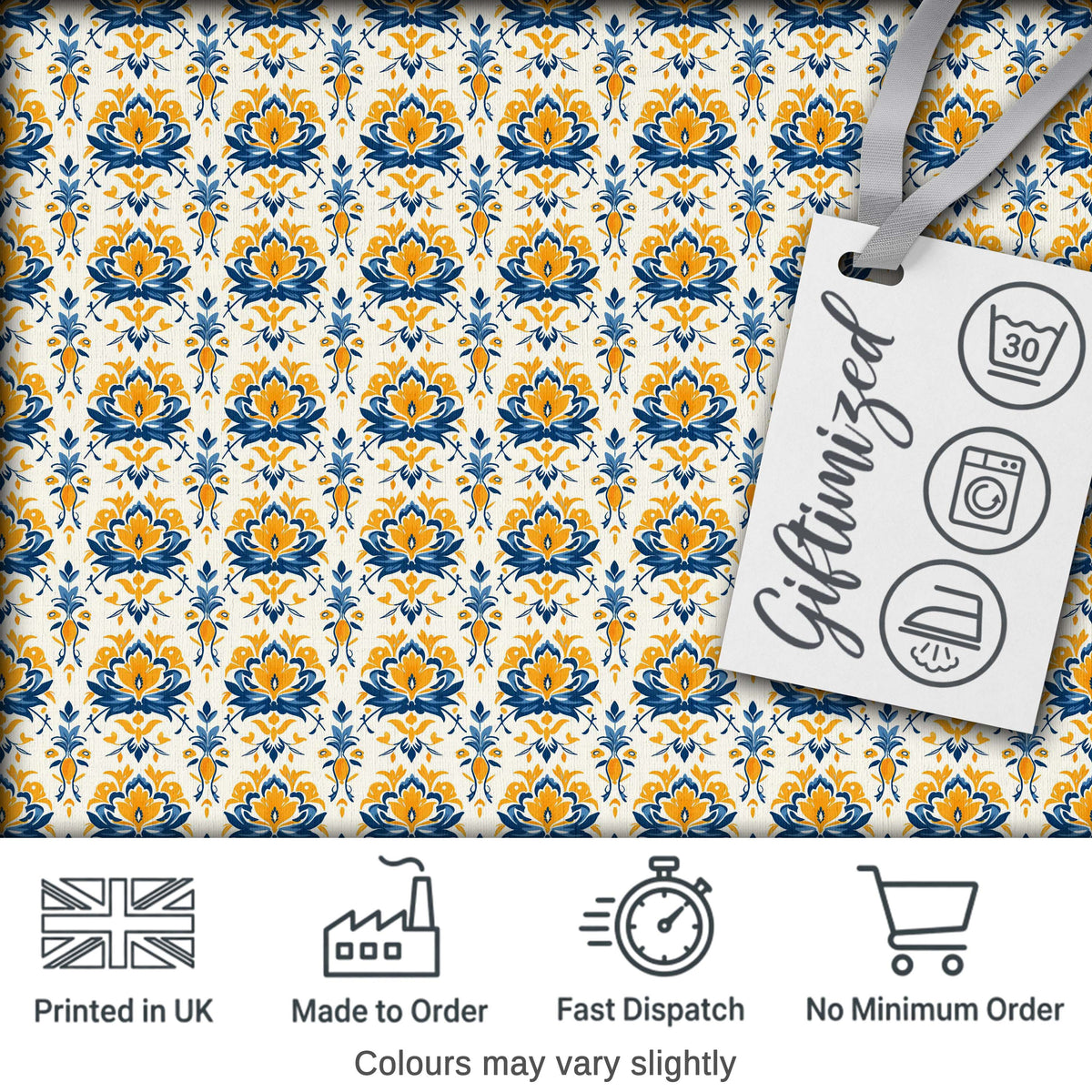 Blue Yellow Ornamental Floral Tile Seamless Pattern Vintage Ceramic Style Digital Print Fabric by the Metre UK Sewing Quilting Textile