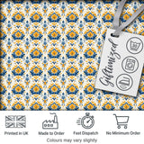 Blue Yellow Ornamental Floral Tile Seamless Pattern Vintage Ceramic Style Digital Print Fabric by the Metre UK Sewing Quilting Textile
