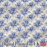 Classic Blue White Vintage Floral Seamless Pattern Elegant Botanical Style Digital Print Fabric by the Metre UK Sewing Quilting Textile