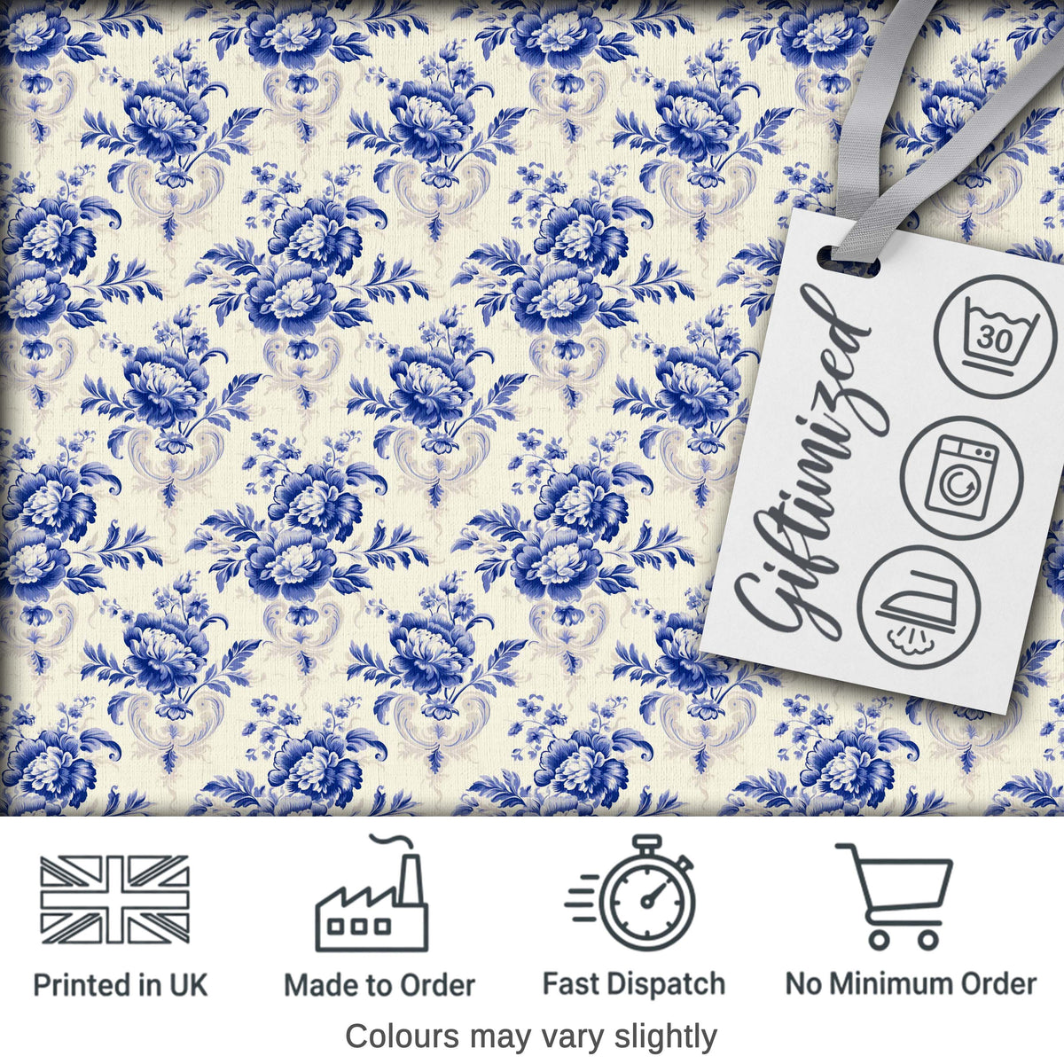 Classic Blue White Vintage Floral Seamless Pattern Elegant Botanical Style Digital Print Fabric by the Metre UK Sewing Quilting Textile