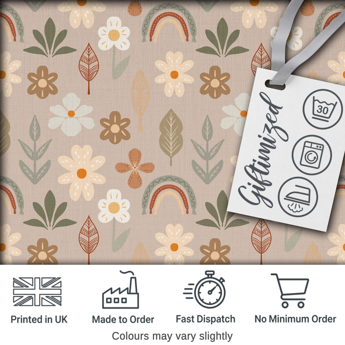 Boho Floral Rainbow Seamless Pattern Neutral Earth Tone Botanical Design Digital Print Fabric by the Metre UK Sewing Quilting Textile