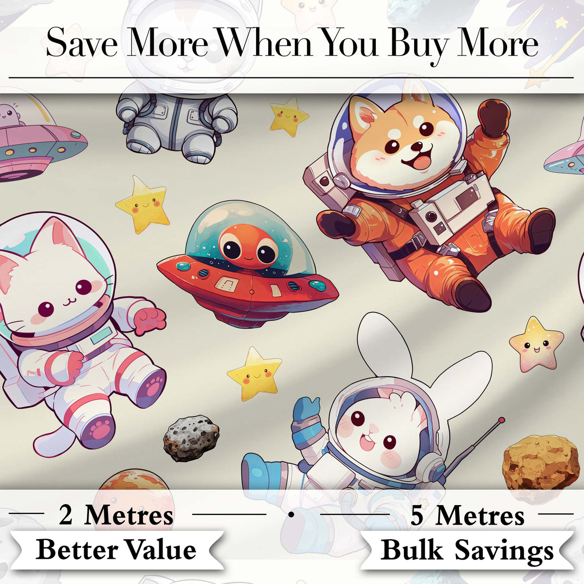 Cute Space Animals Astronaut Seamless Pattern Fun Kids Galaxy Design Digital Print Fabric by the Metre UK Sewing Quilting Textile