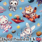 Cute Space Animals Astronaut Seamless Pattern Blue Galaxy Kids Design Digital Print Fabric by the Metre UK Sewing Quilting Textile