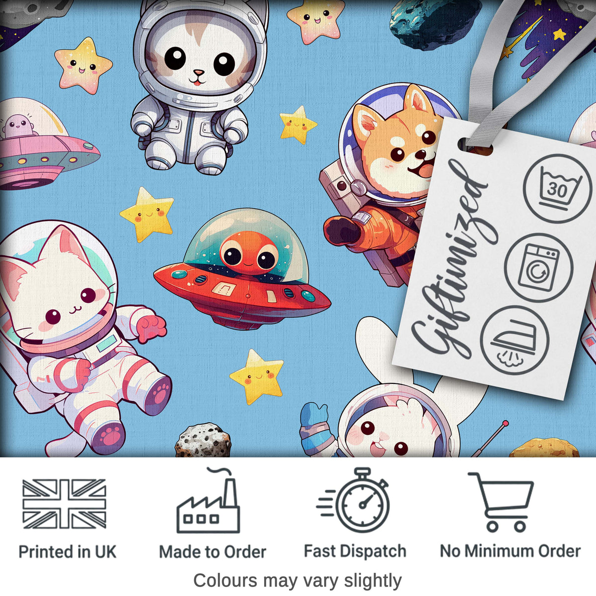 Cute Space Animals Astronaut Seamless Pattern Blue Galaxy Kids Design Digital Print Fabric by the Metre UK Sewing Quilting Textile