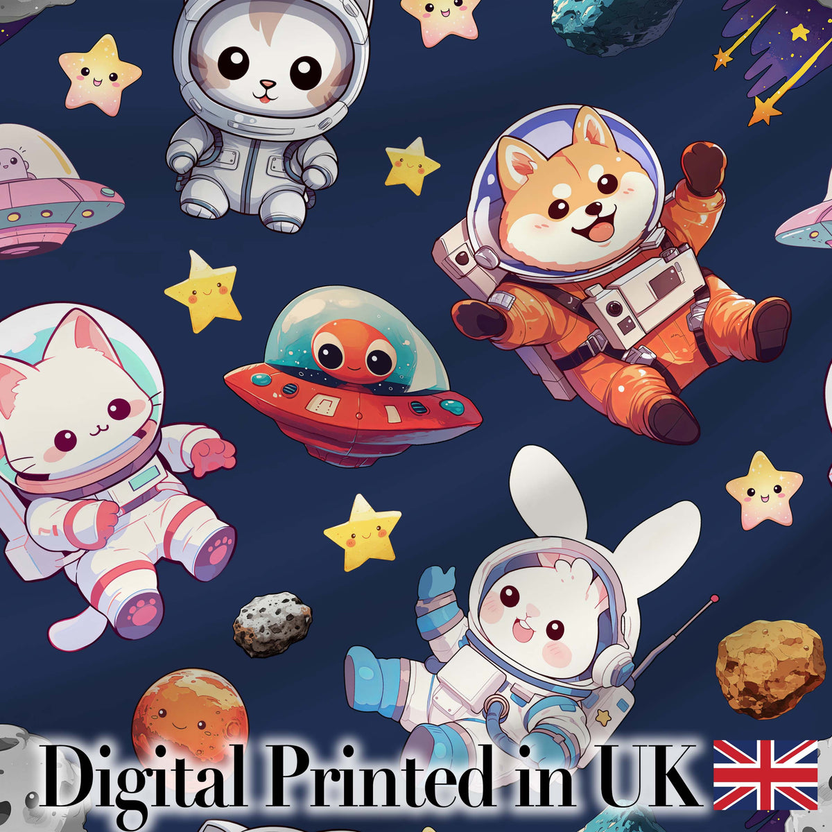 Cute Space Animals Astronaut Seamless Pattern Navy Galaxy Kids Design Digital Print Fabric by the Metre UK Sewing Quilting Textile