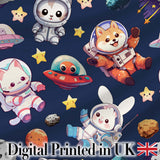 Cute Space Animals Astronaut Seamless Pattern Navy Galaxy Kids Design Digital Print Fabric by the Metre UK Sewing Quilting Textile