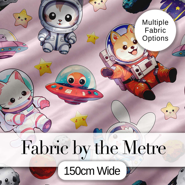 Cute Space Animals Astronaut Seamless Pattern Pink Galaxy Kids Design Digital Print Fabric by the Metre UK Sewing Quilting Textile