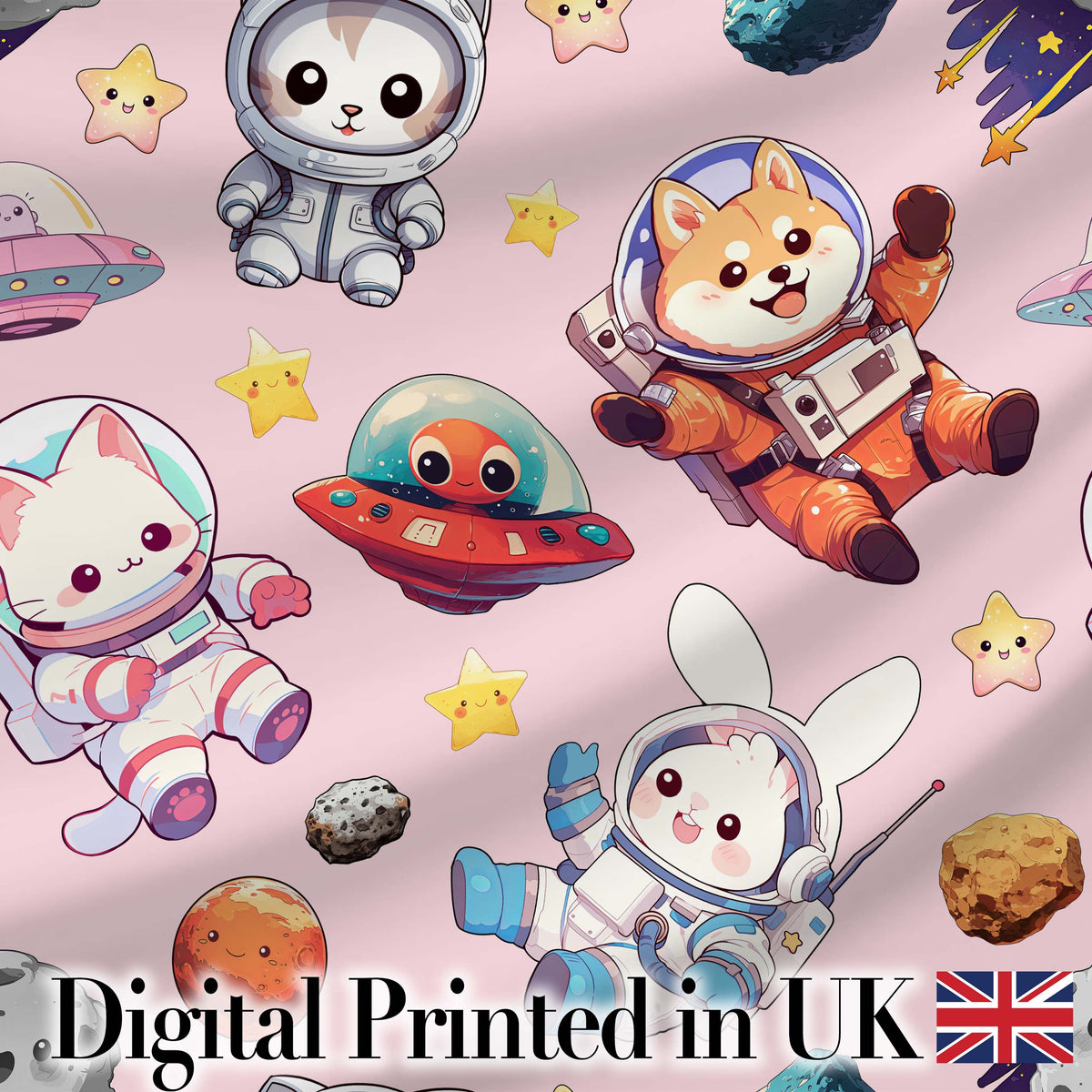 Cute Space Animals Astronaut Seamless Pattern Pink Galaxy Kids Design Digital Print Fabric by the Metre UK Sewing Quilting Textile