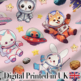 Cute Space Animals Astronaut Seamless Pattern Pink Galaxy Kids Design Digital Print Fabric by the Metre UK Sewing Quilting Textile