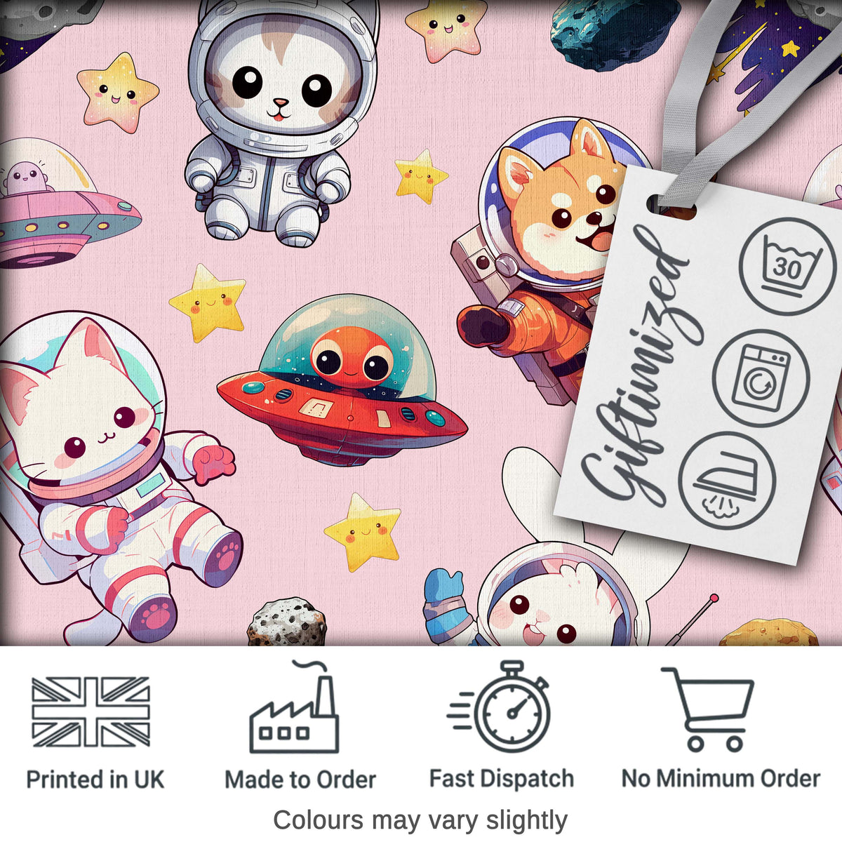 Cute Space Animals Astronaut Seamless Pattern Pink Galaxy Kids Design Digital Print Fabric by the Metre UK Sewing Quilting Textile