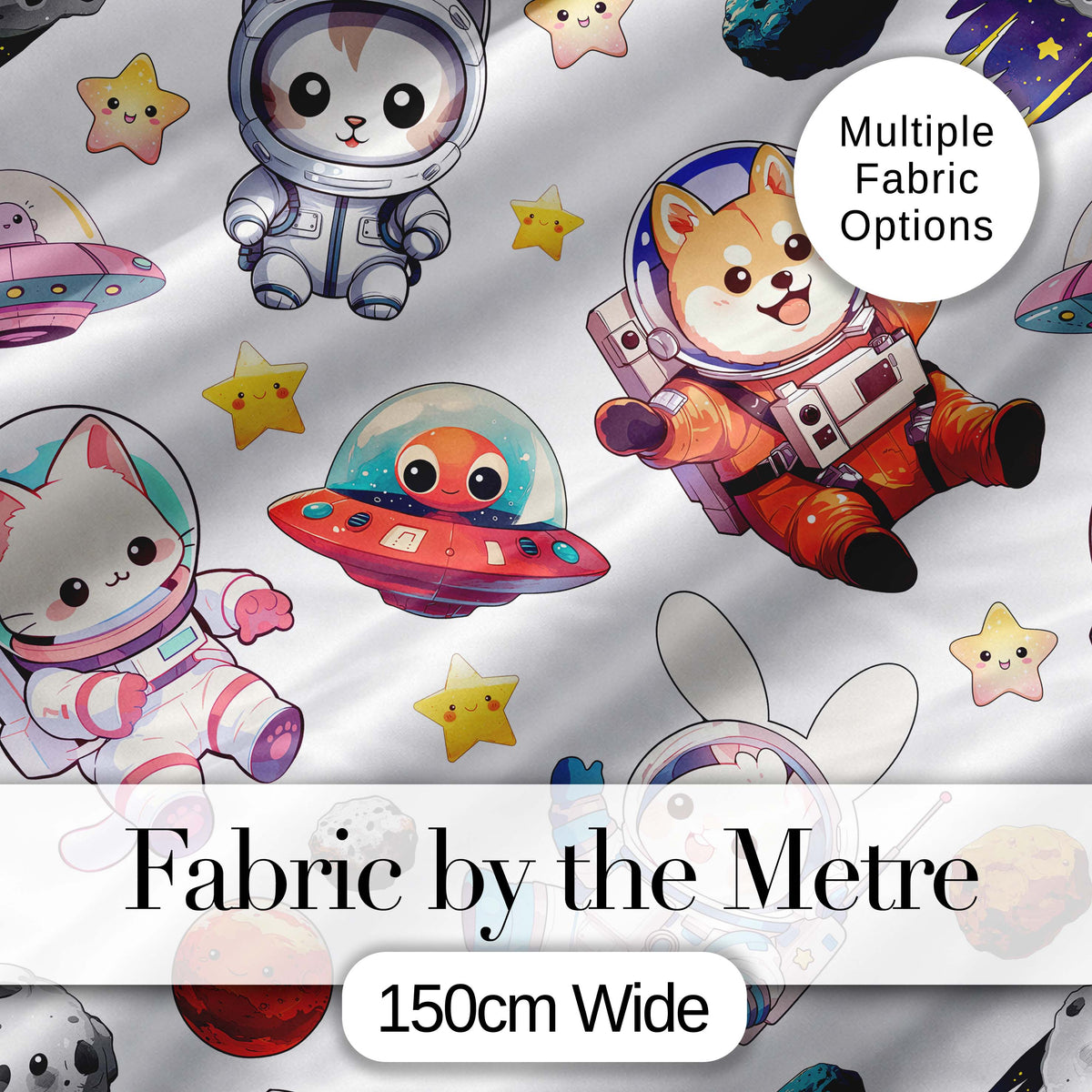 Cute Space Animals Astronaut Seamless Pattern Light Grey Galaxy Kids Design Digital Print Fabric by the Metre UK Sewing Quilting Textile